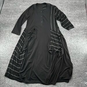 Heydari Dress Womens (M/L) Wearable Art Black Grey Stripe Midi Pockets Lagenlook